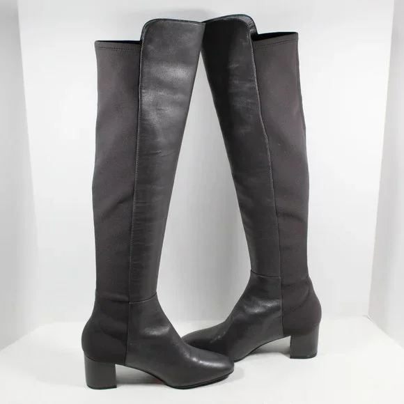 Stuart Weitzman Gillian Leather Block Heel Knee-High Boots - Dark Gray 7M - Picture 3 of 7